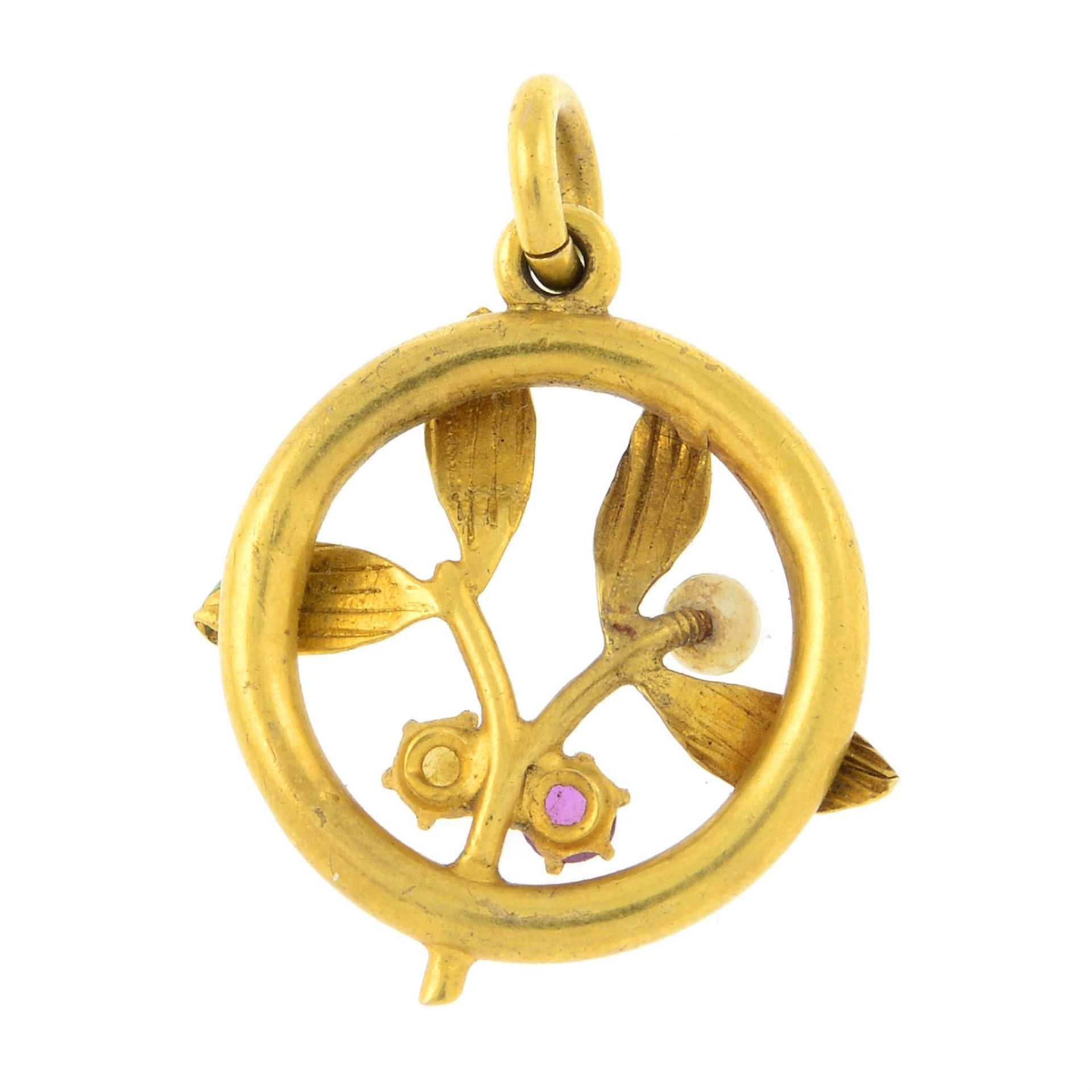 An early 20th century gold ruby, split pearl and enamel foliate pendant. - Image 2 of 2