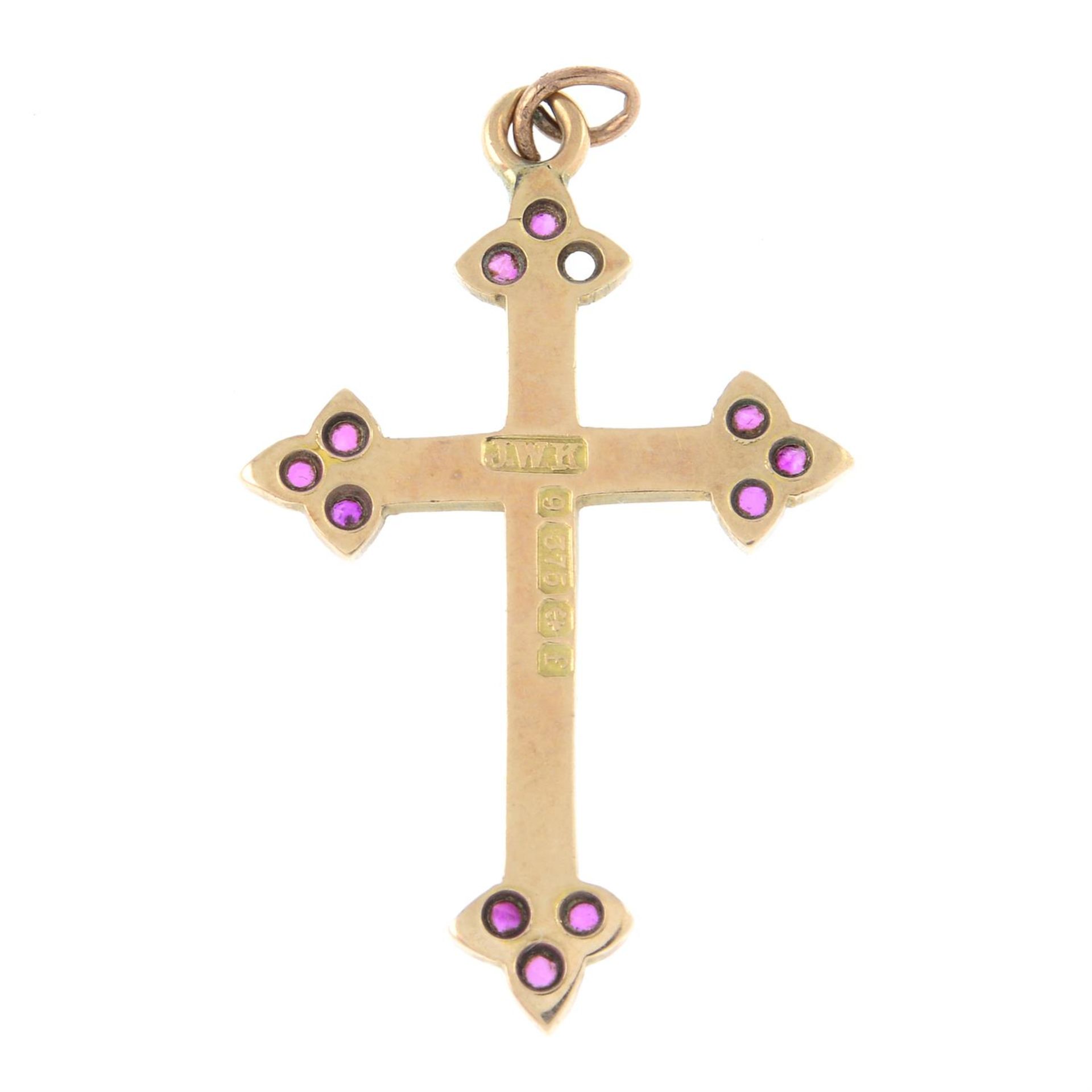 An early 20th century 9ct gold ruby and seed pearl cross pendant. - Image 2 of 2