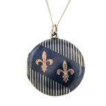 A niello locket pendant featuring a fleur-de-lis motif, with chain.