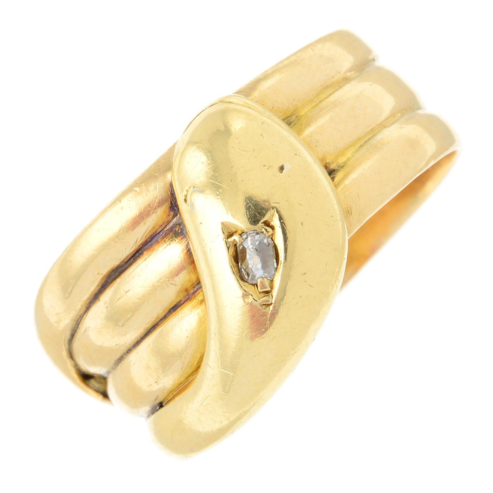 An early 20th century 18ct gold old-cut diamond snake ring.