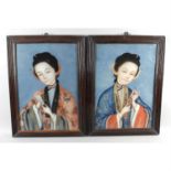 A pair of 19th century Oriental paintings upon glass panels.