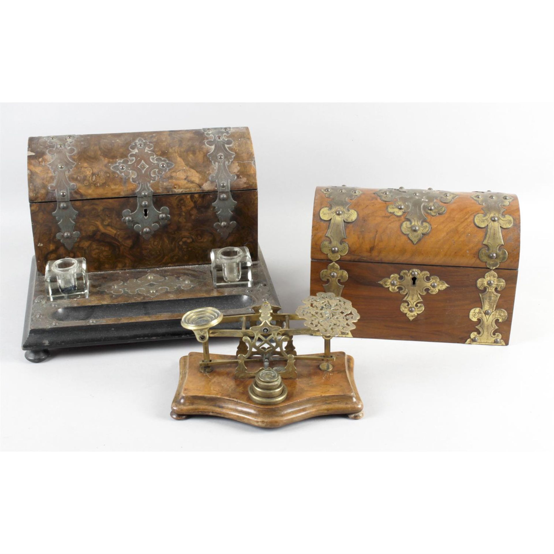 A 19th century mahogany writing box, with another similar example, stationary box,
