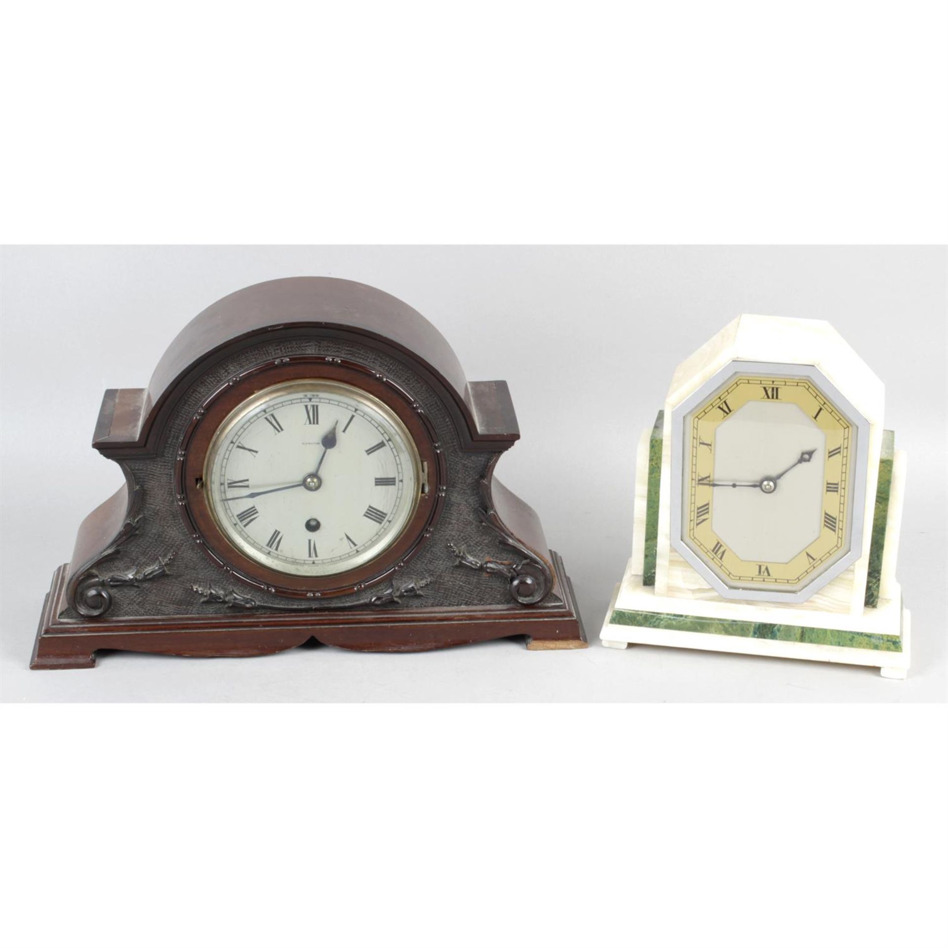 An Art Deco marble cased mantel clock and early 20th century mantel clock.