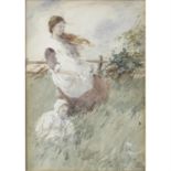 Early 20th century watercolour of a woman and child gathering flowers