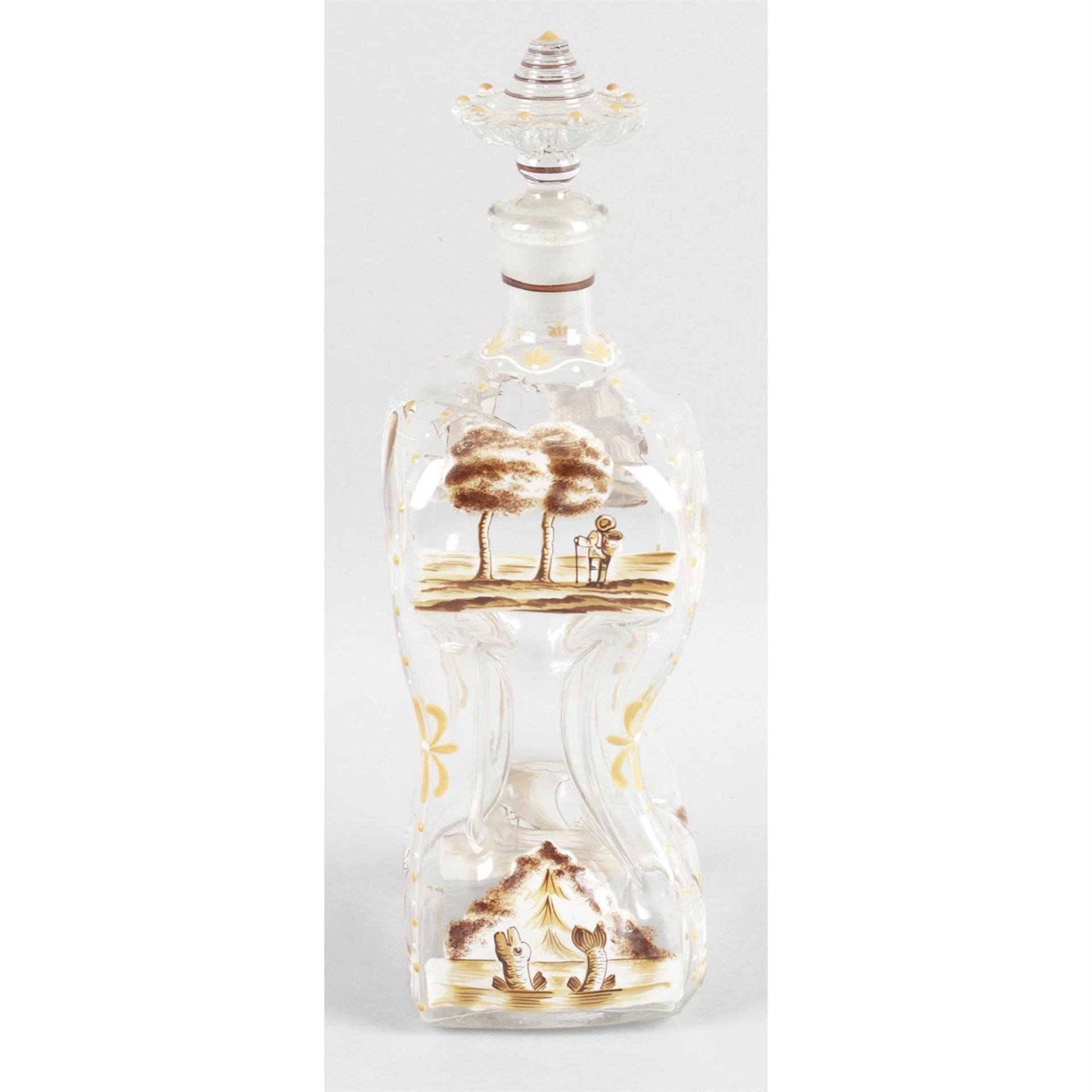 A 19th century glass decanter and stopper, together with pair of amber pedestal vases.