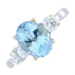 A 9ct gold aquamarine and brilliant-cut diamond three-stone ring.