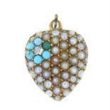 A mid Victorian gold old-cut diamond, turquoise and split pearl floral mourning heart pendant.