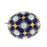 A late 19th century gold cultured pearl and blue enamel brooch.