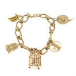 A 9ct gold textured and polished link charm bracelet, suspending five 9ct gold charms.