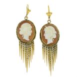 A pair of mid to late 19th century gold shell cameo drop earrings, with fringe, depicting Hera in