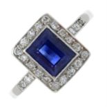 A sapphire and diamond rectangular-shape cluster ring.