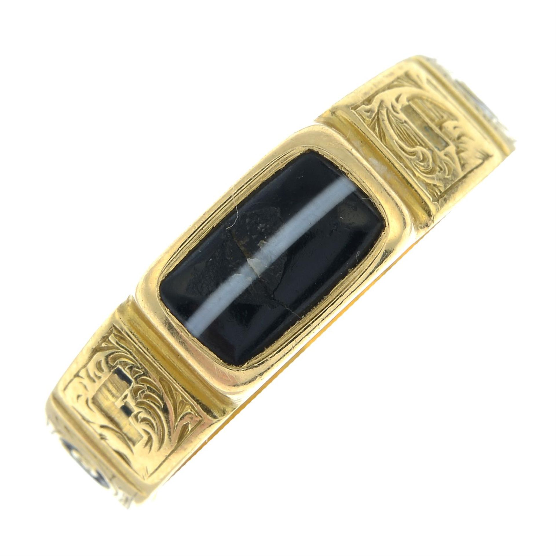 An early Victorian 18ct gold banded agate and enamel mourning ring.