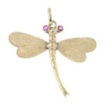 A mid 20th century 9ct gold ruby accent dragonfly pendant.