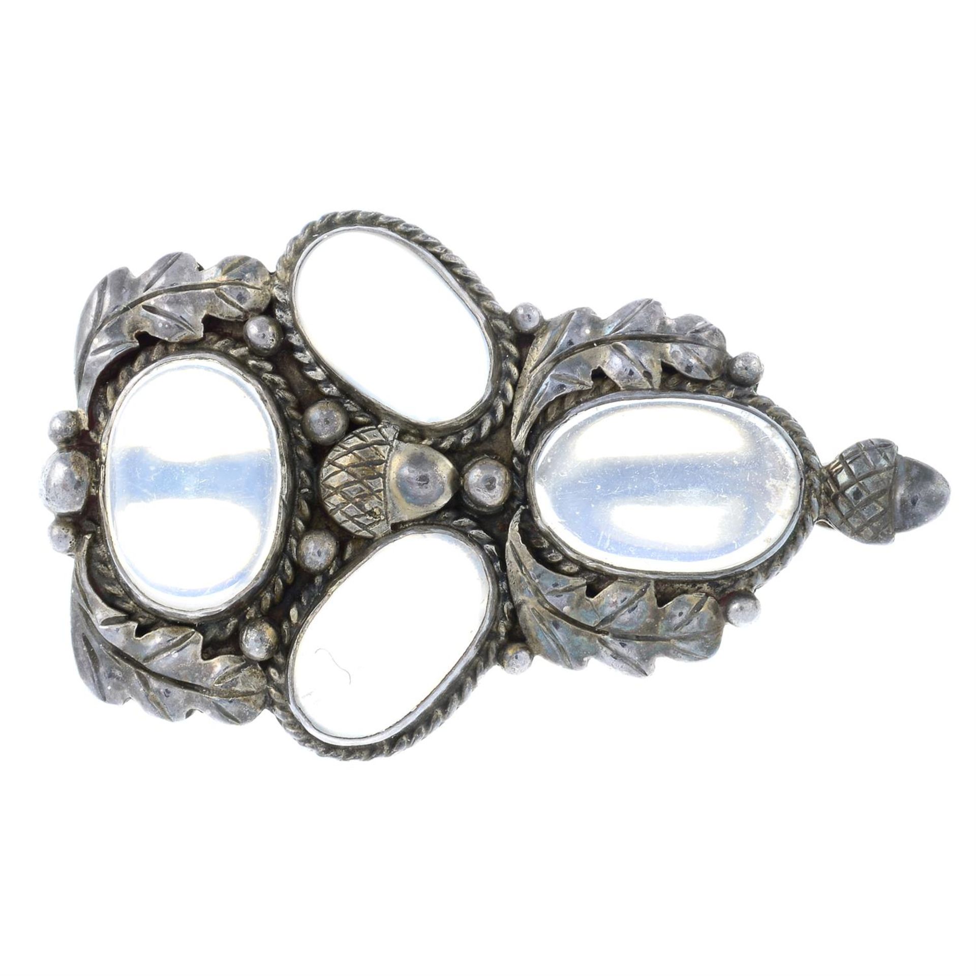 An Arts and Crafts silver moonstone brooch, with acorn and oak leaf motif, attributed to Bernard
