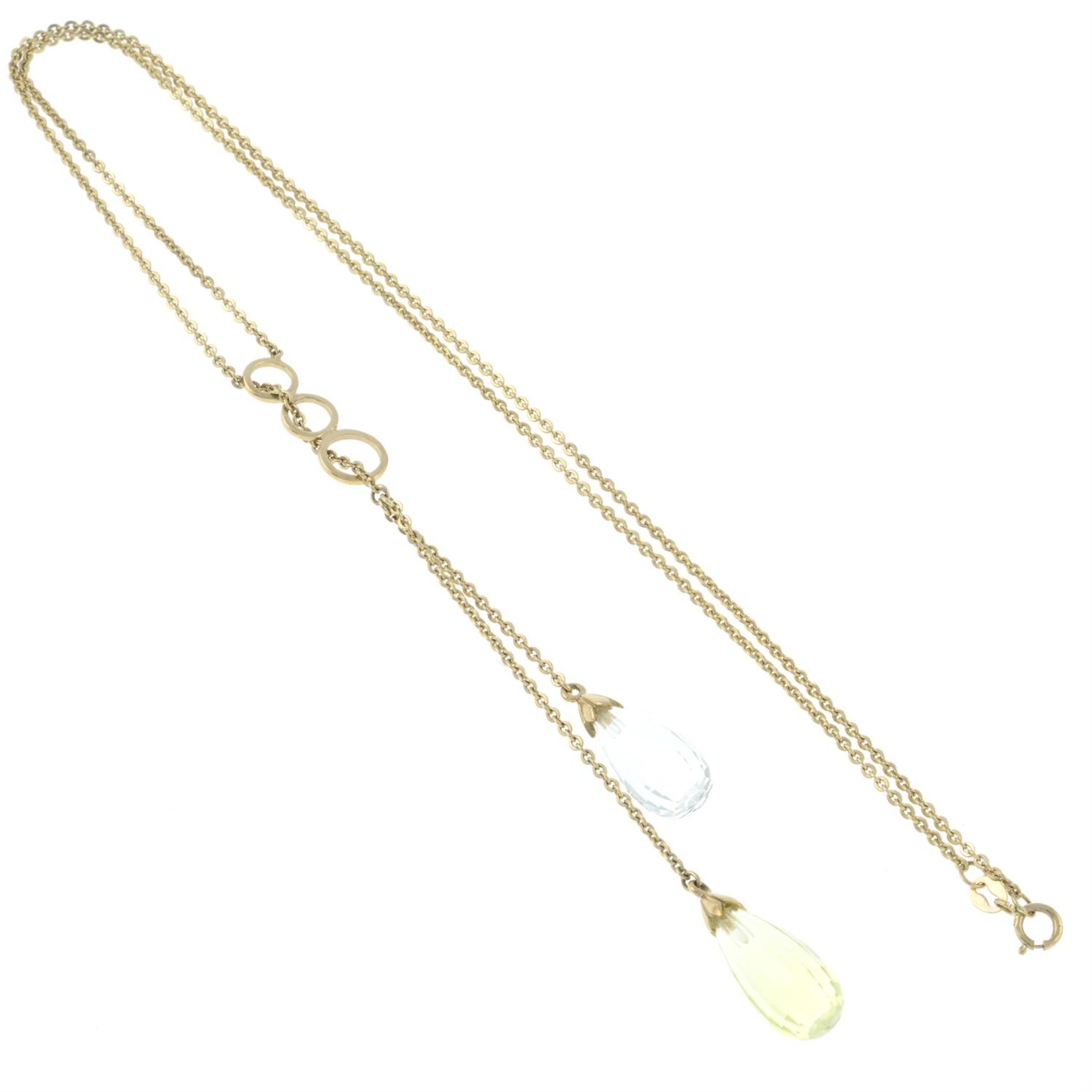 A 9ct gold briolette-cut citrine and praisolite négligée necklace. - Bild 2 aus 2