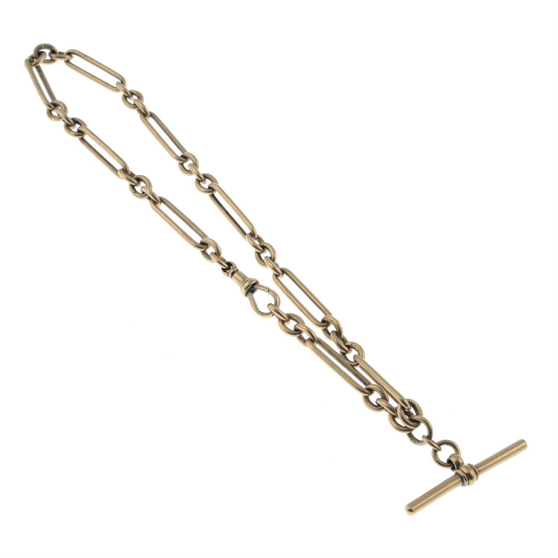 A late Victorian 9ct gold fancy-link albert chain, with T-bar.