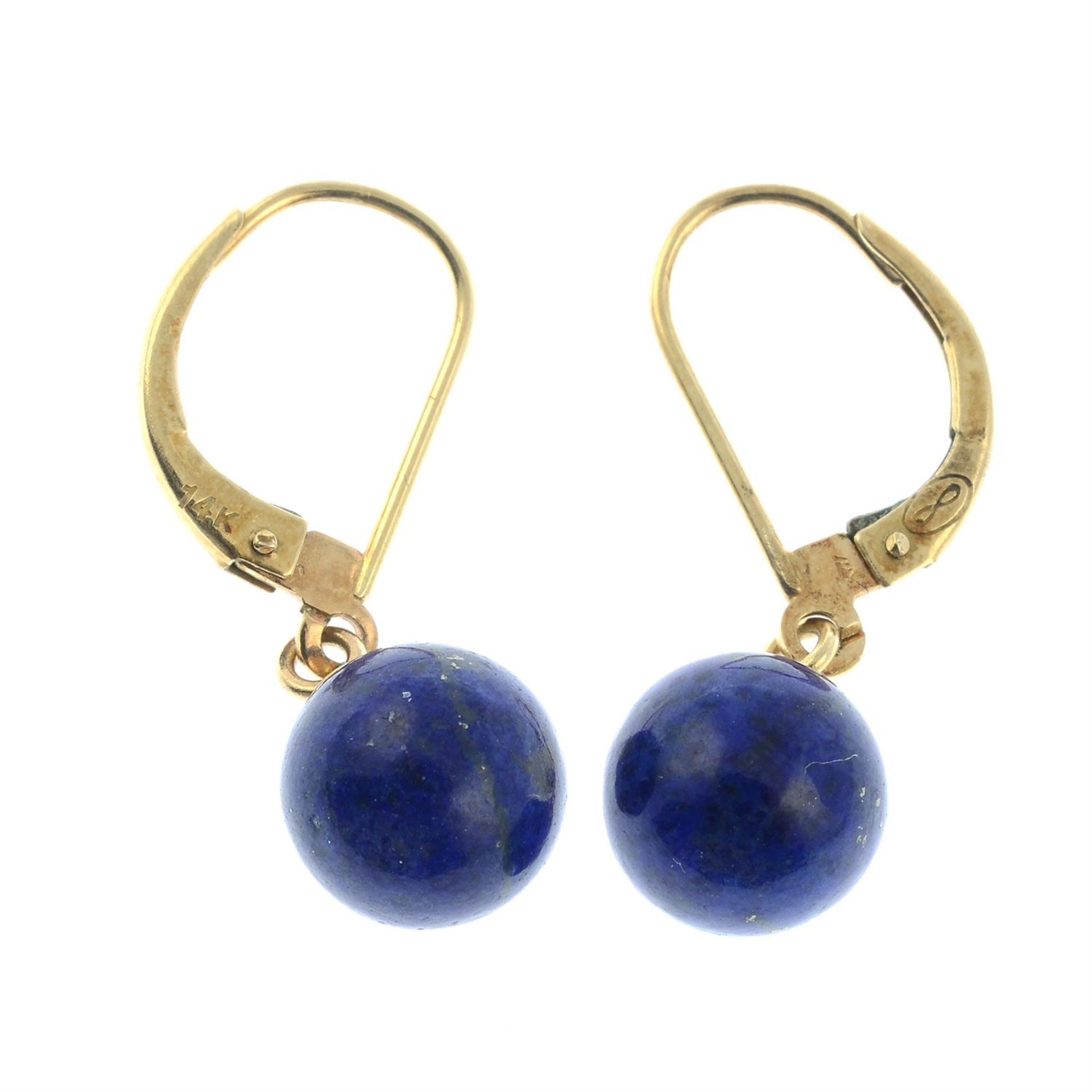 A pair of lapis lazuli drop earrings.