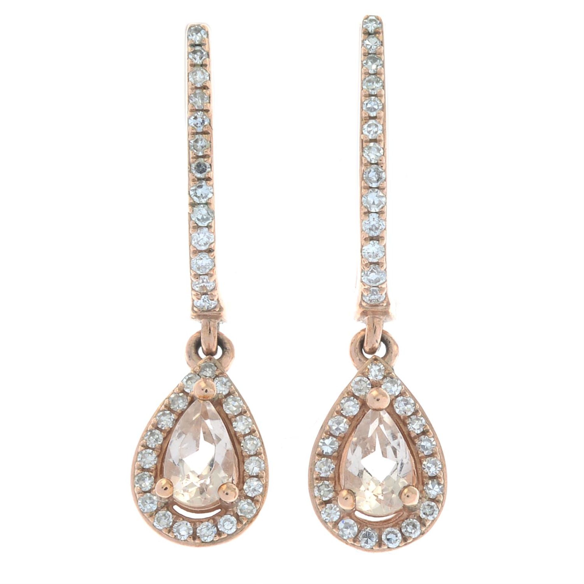 A pair of 9ct gold morganite and diamond drop earrings.