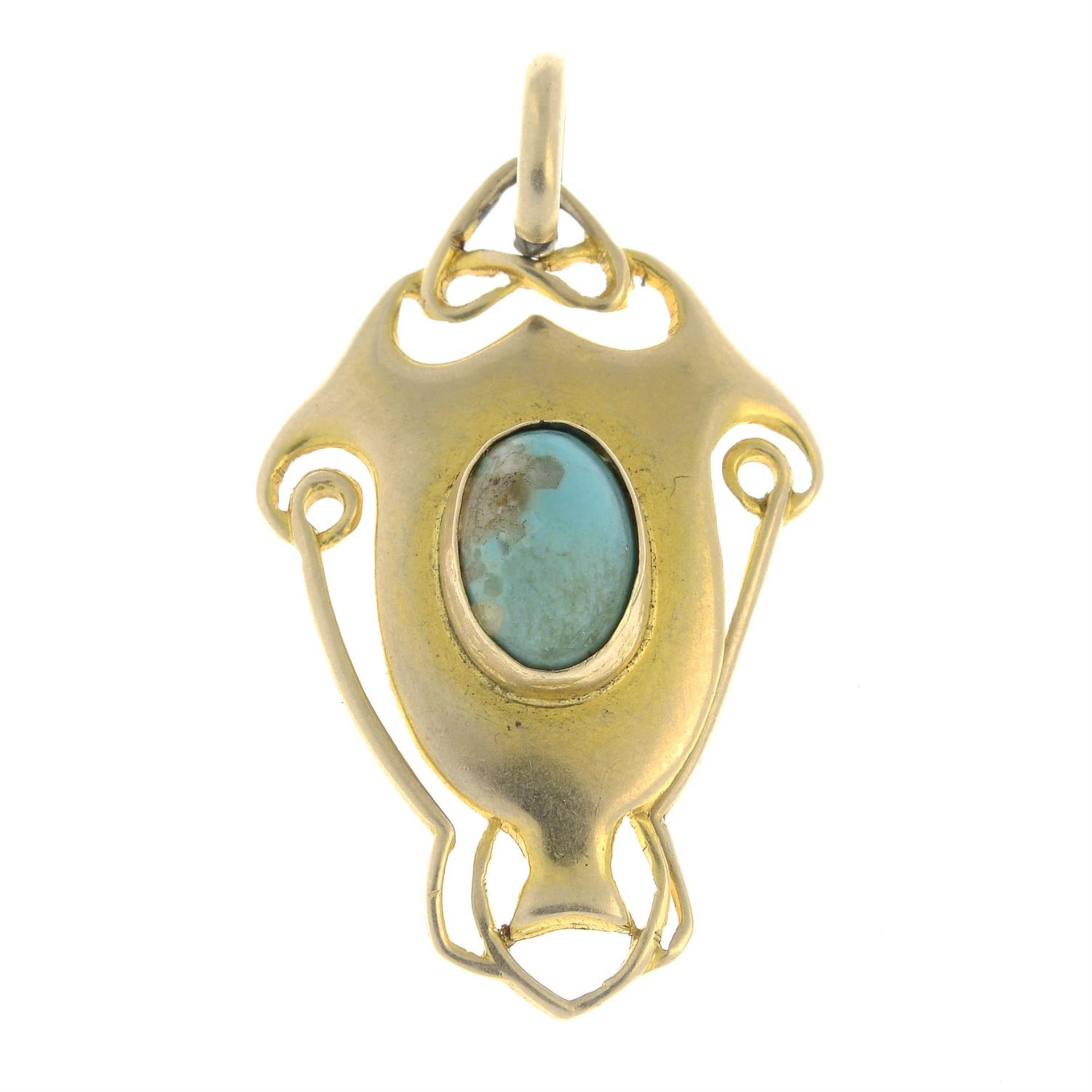 An Art Nouveau 9ct gold turquoise pendant, by Henry Matthews.