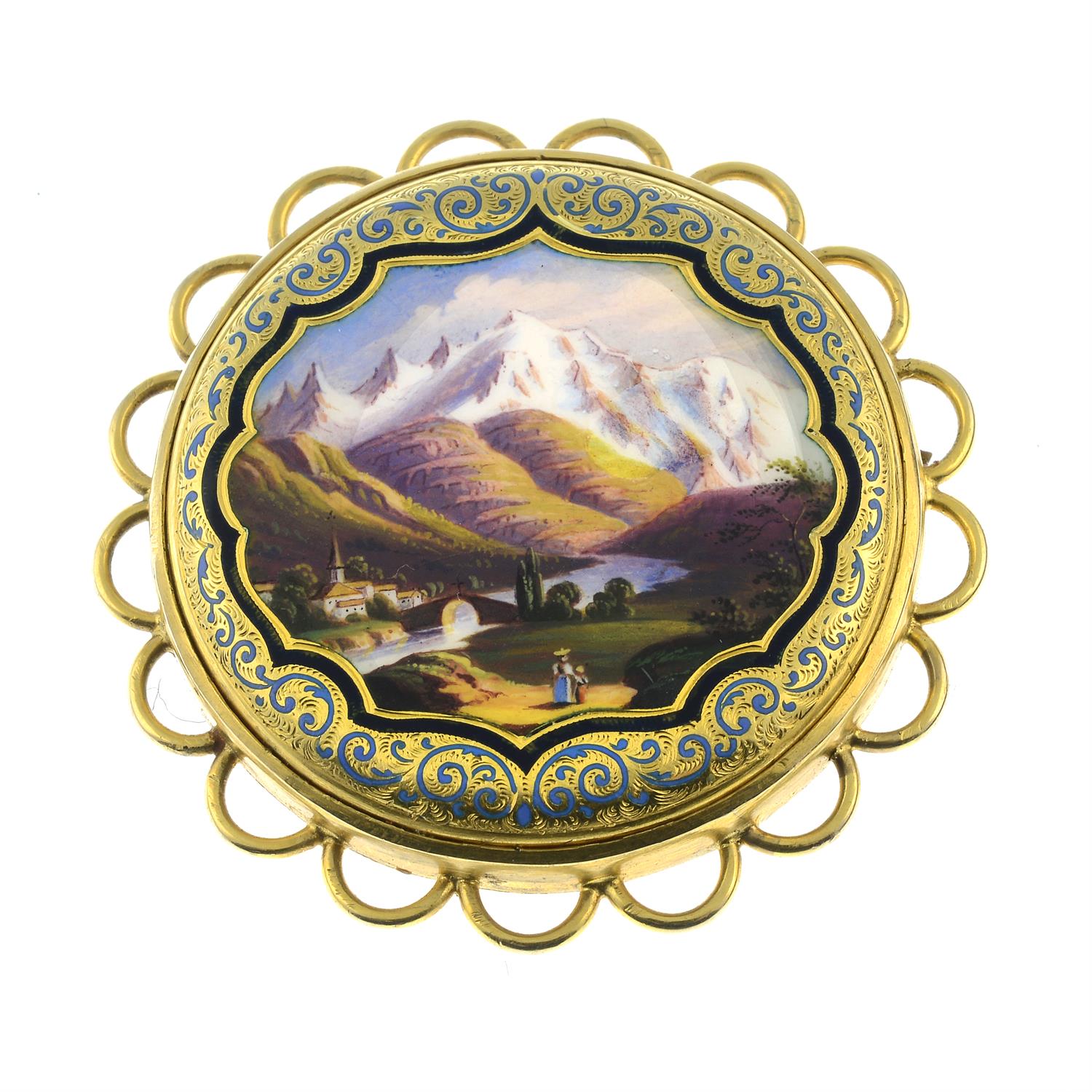 An enamel mountain scene brooch, converted from a pocket watch case.