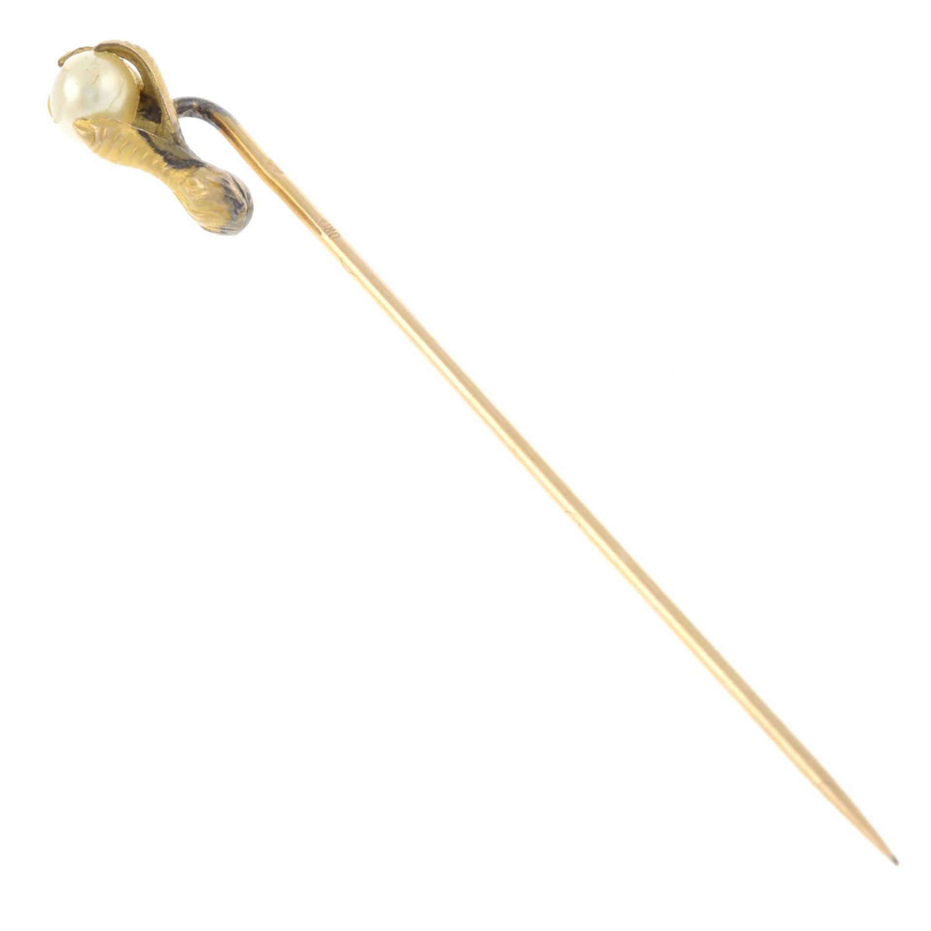 An early 20th century imitation pearl bird claw stickpin. - Image 2 of 2