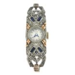 An early to mid 20th century 18ct gold rose-cut diamond and sapphire cocktail foliate watch,