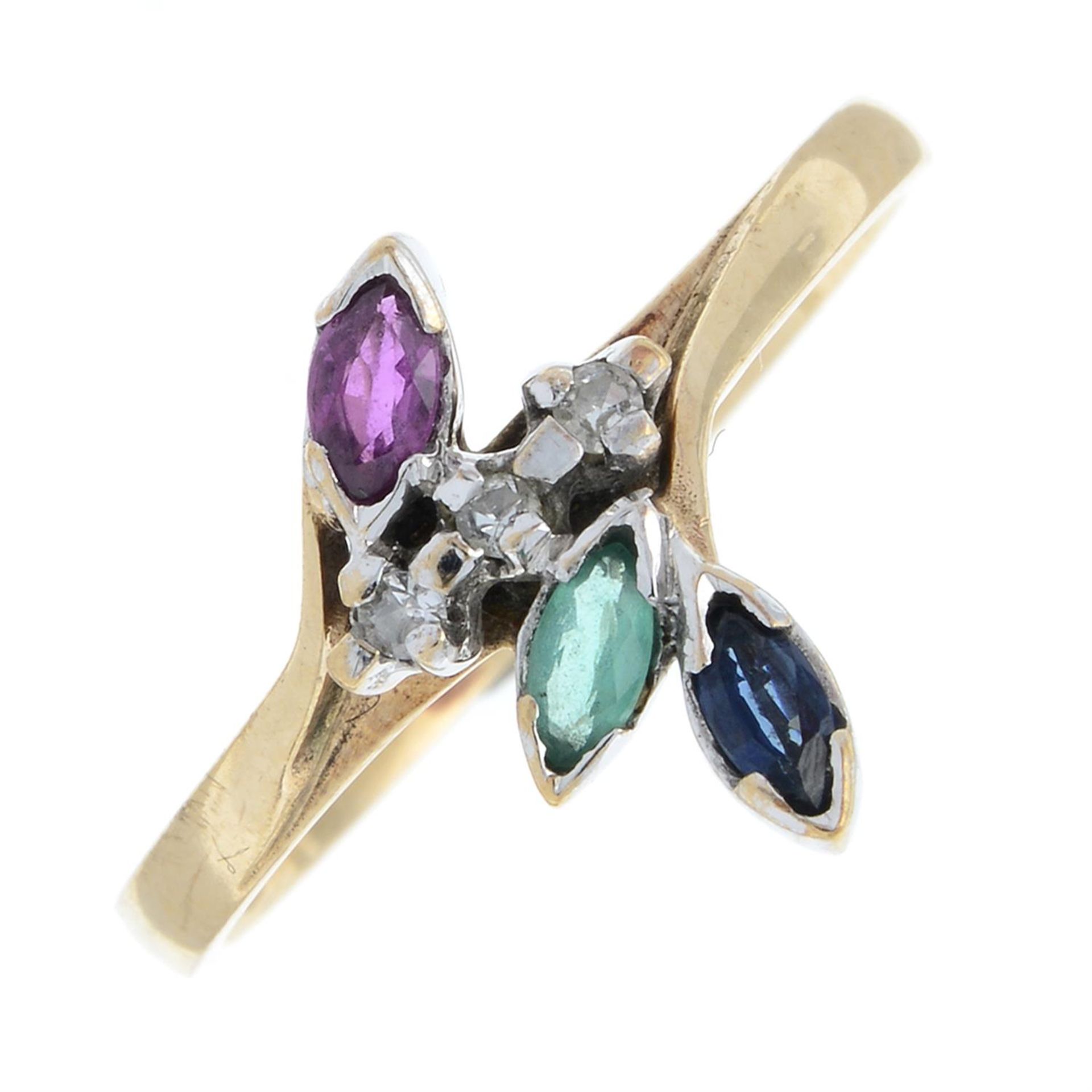An old-cut diamond, sapphire, emerald and ruby dress ring.