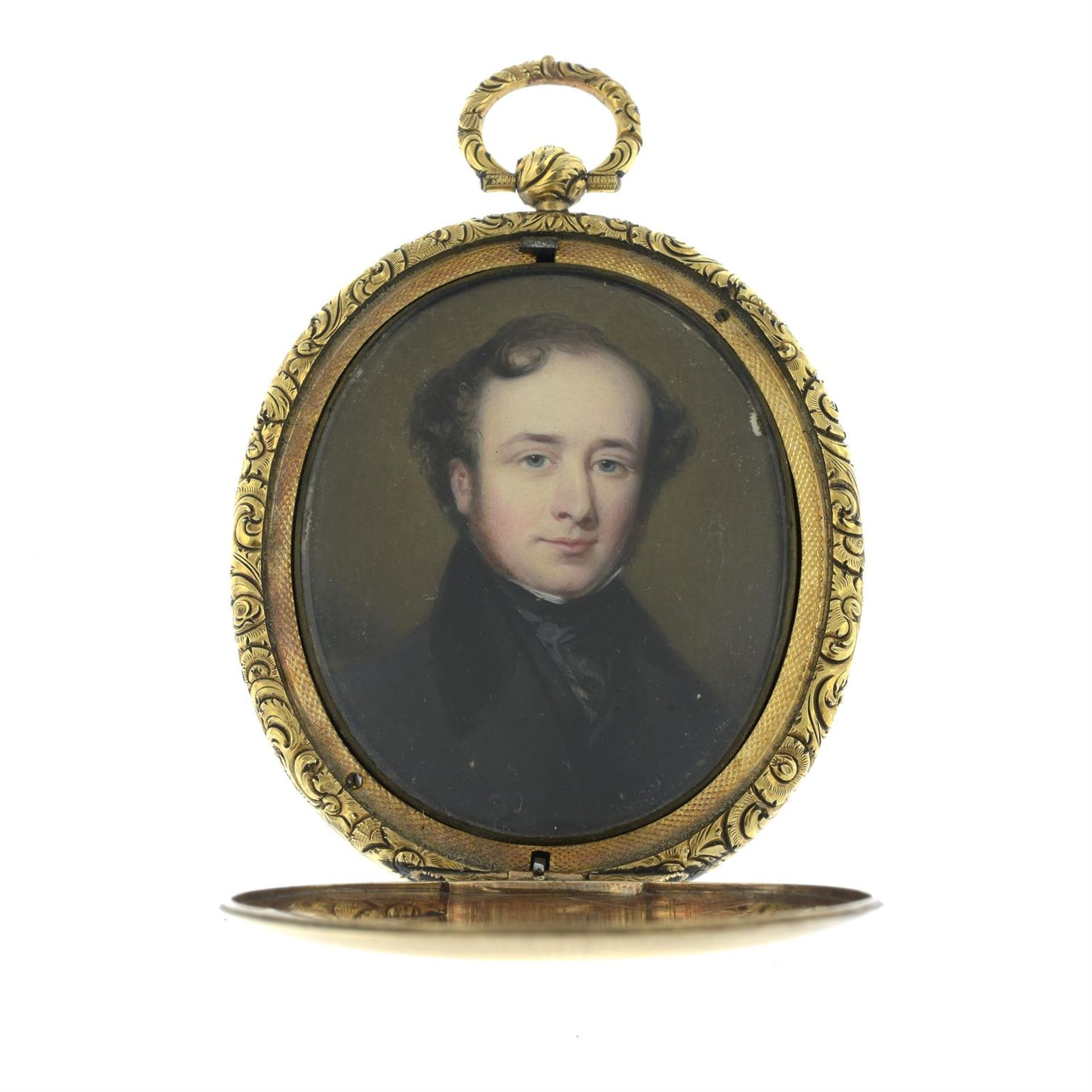 A 19th century portrait miniature of a gentleman, in a hinged oval case.