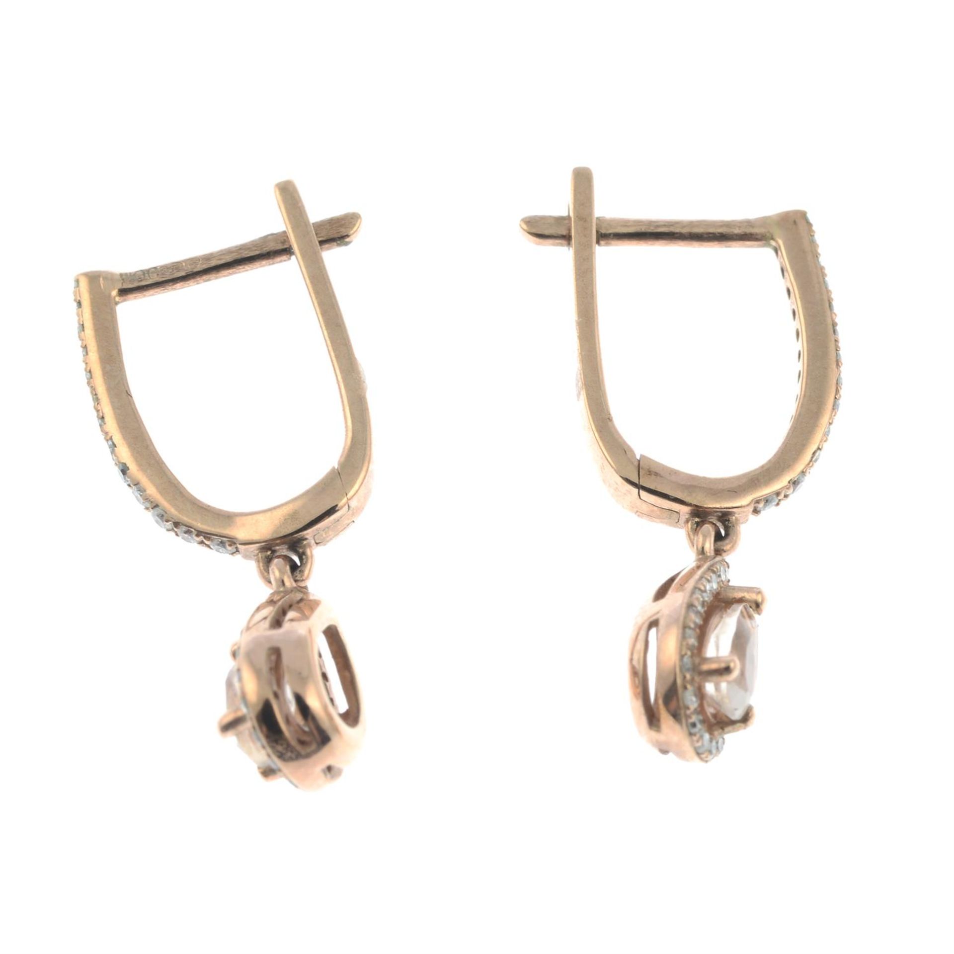 A pair of 9ct gold morganite and diamond drop earrings. - Image 2 of 2