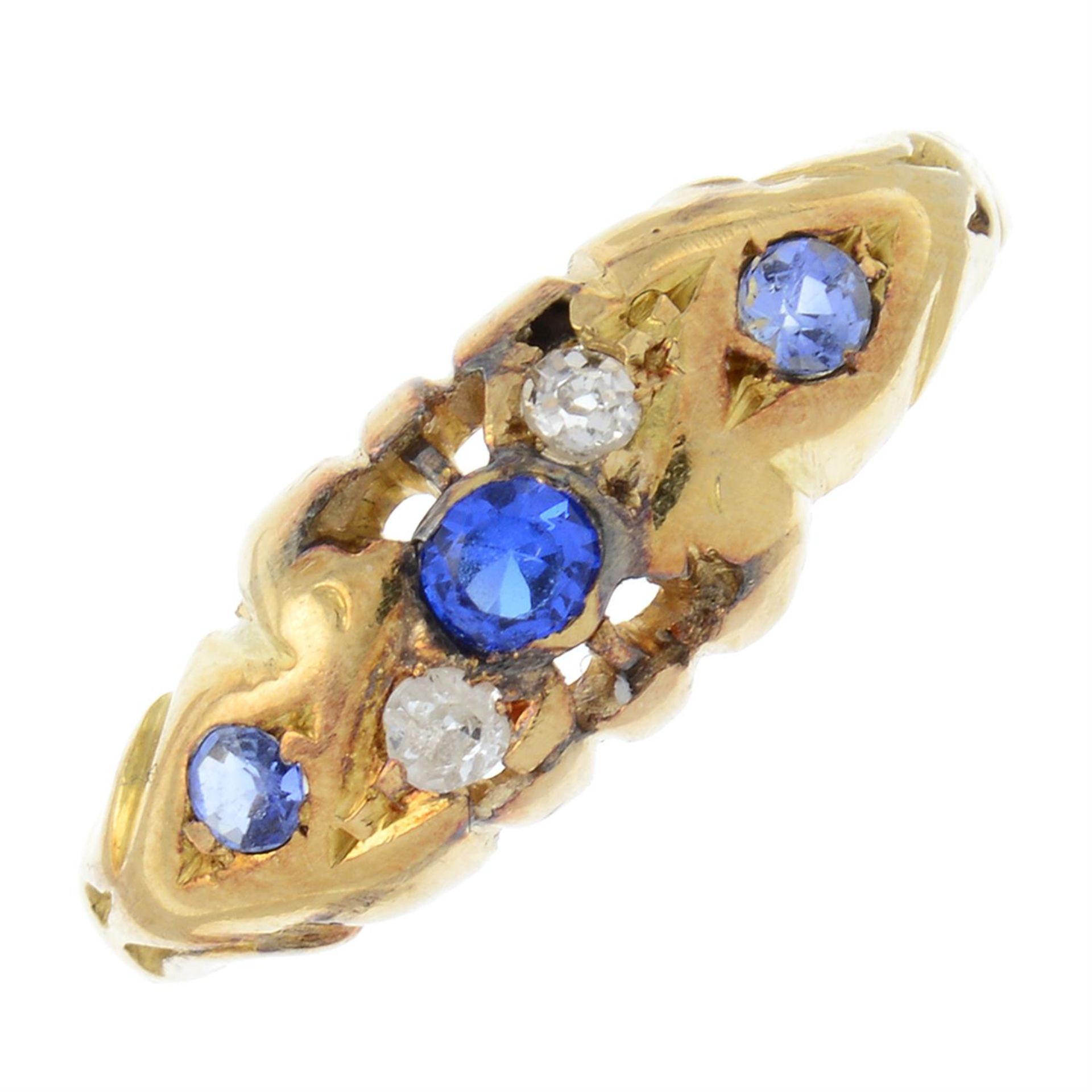 An early 20th century 18ct gold synthetic spinel, sapphire and diamond ring.