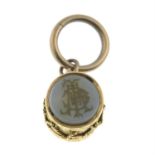 A late Victorian gold bloodstone and chalcedony monogram drum seal charm.
