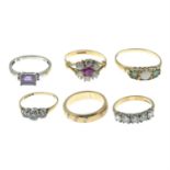 Five 9ct gold gem-set rings, together with a diamond band ring.