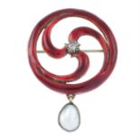 An Arts and Crafts silver rose-cut diamond, blister pearl and red enamel Celtic brooch,