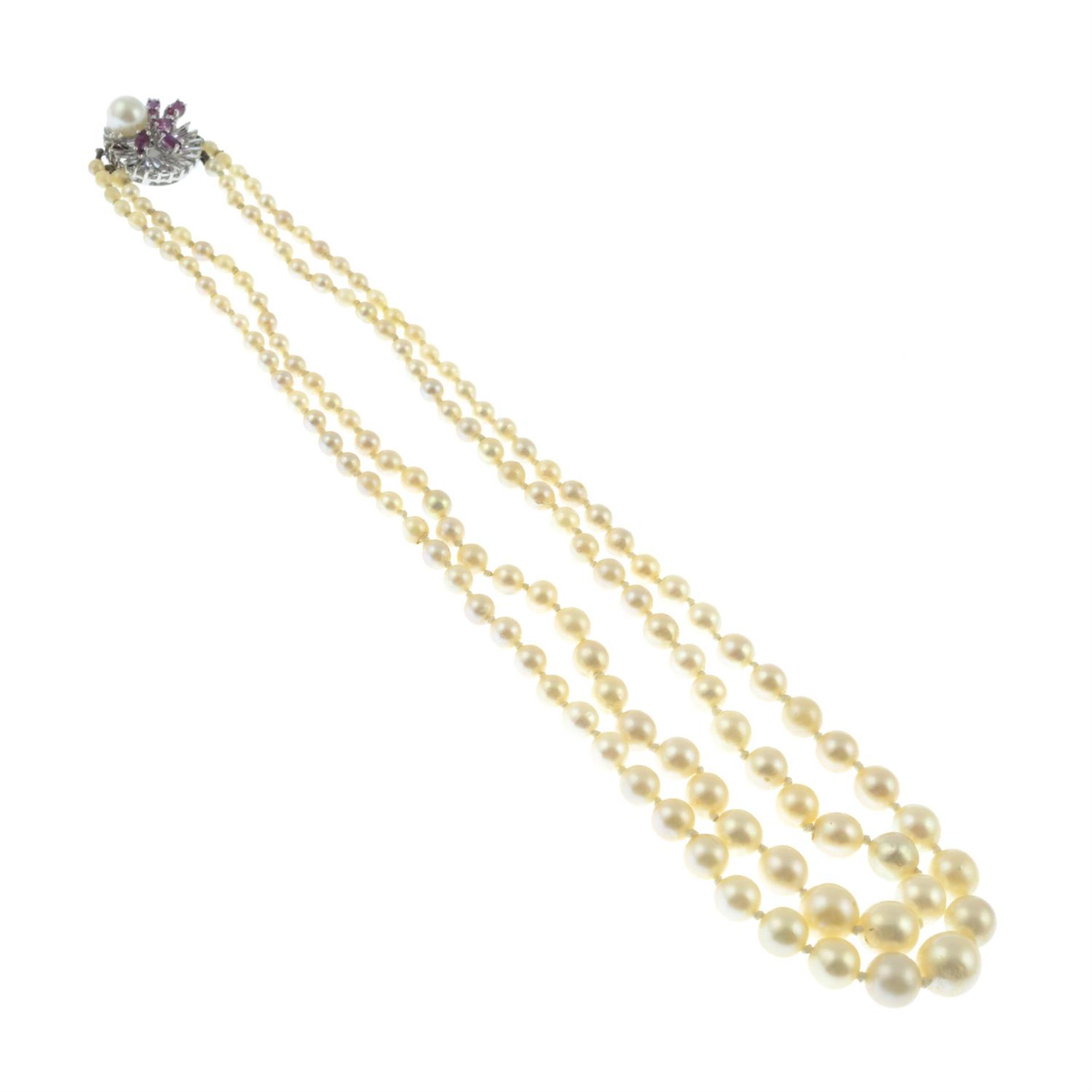 A mid 20th century cultured pearl two strand necklace, with 14ct gold ruby and cultured pearl clasp. - Image 2 of 2