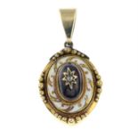 A rose-cut diamond, garnet and enamel pendant, converted from a 19th century gold clasp.