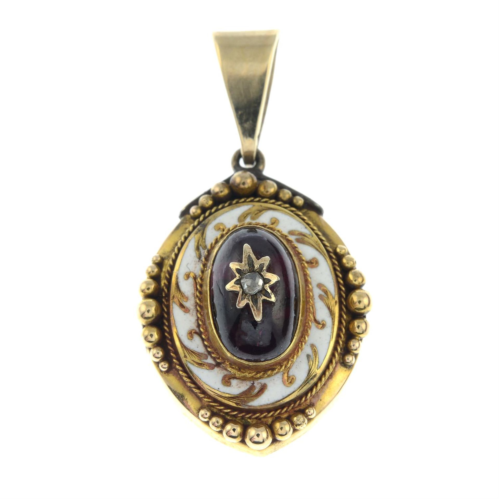 A rose-cut diamond, garnet and enamel pendant, converted from a 19th century gold clasp.