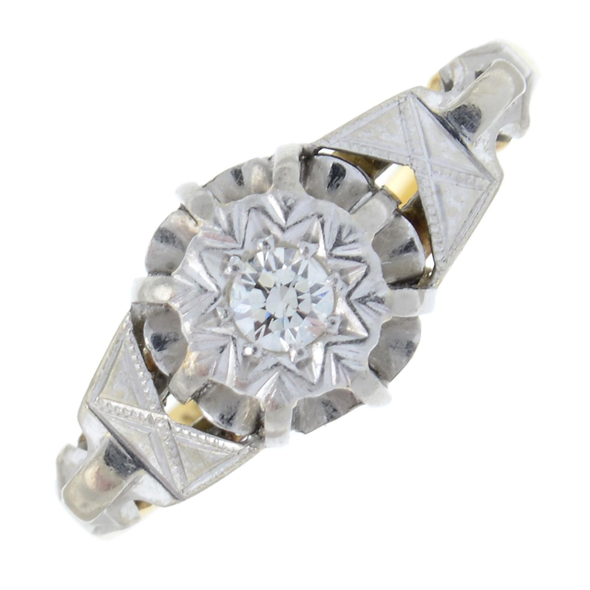 An early to mid 20th century 18ct gold and platinum brilliant-cut diamond single stone ring.