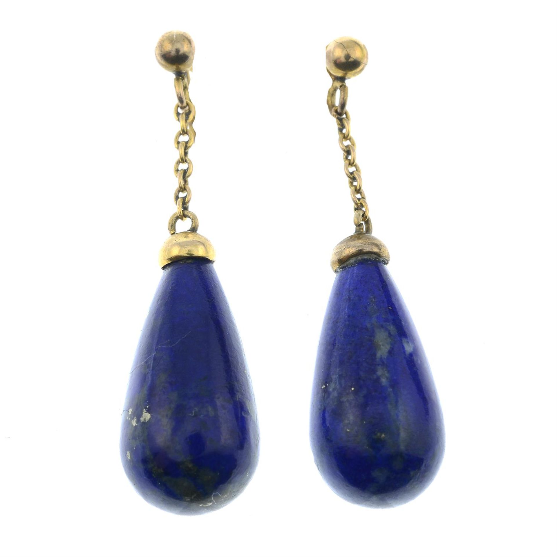 A pair of late Victorian gold lapis lazuli drop earrings.