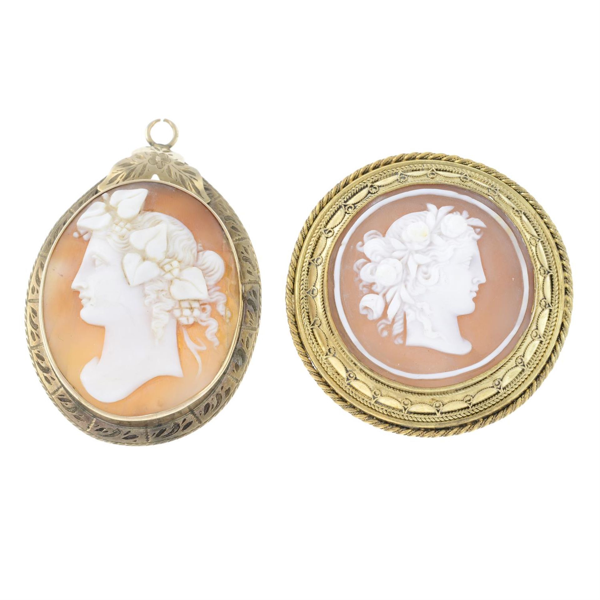 Two pieces of late 19th century and later shell cameo jewellery, depicting a Bacchante and Flora.