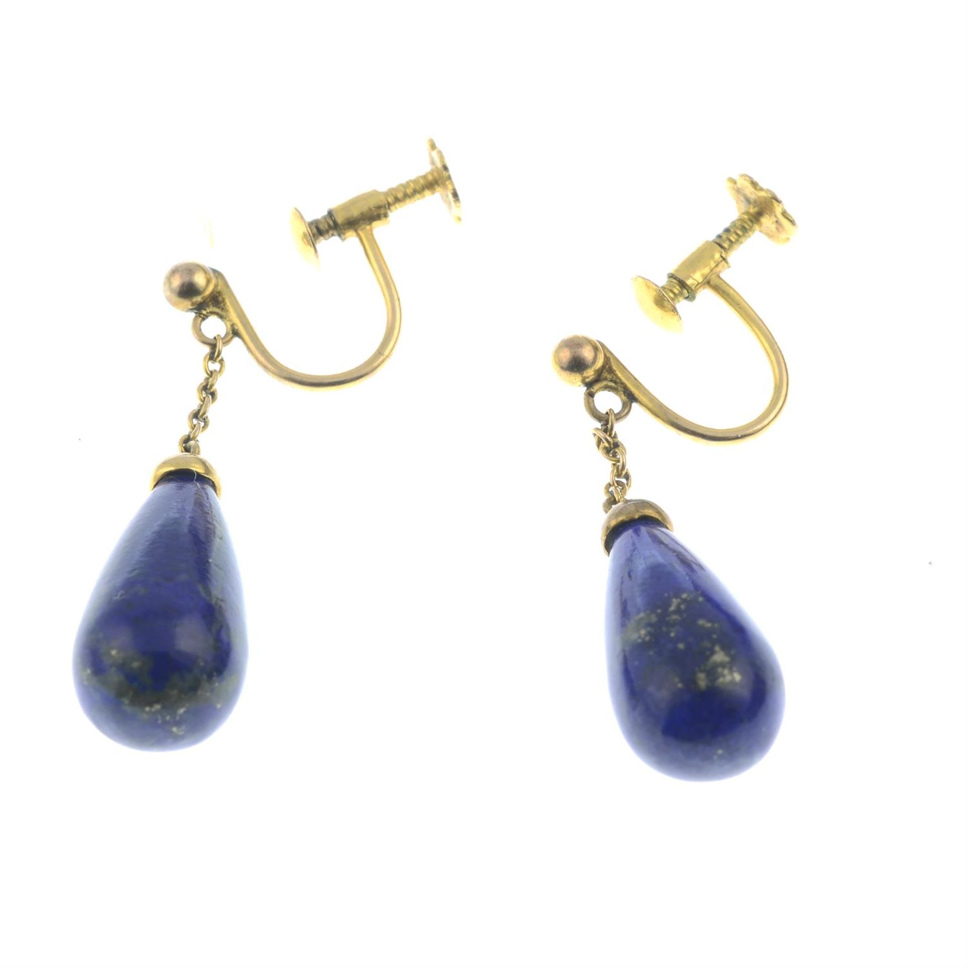 A pair of late Victorian gold lapis lazuli drop earrings. - Bild 2 aus 2