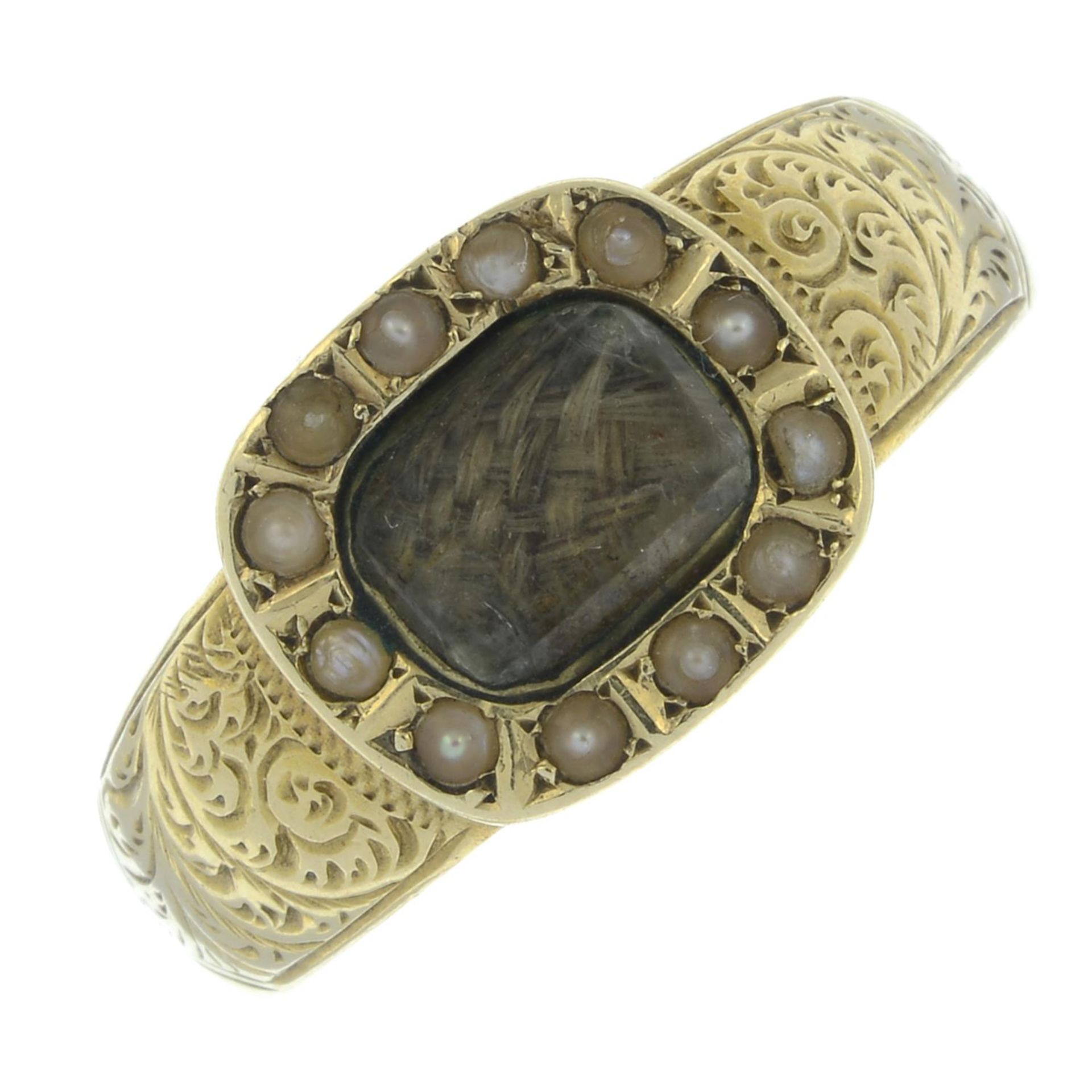 A late Victorian gold seed pearl and braided hair mourning locket ring, with partial band