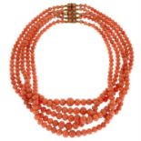 A graduated coral five-row necklace.