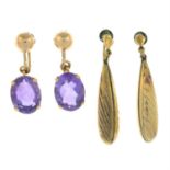 Two pairs of drop earrings, comprising a pair of amethyst earrings and a pair of hollow form