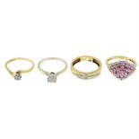 Four 9ct gold gem-set rings, to include a diamond single-stone ring and a pink sapphire and diamond