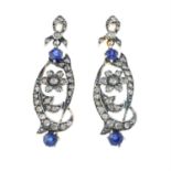 A pair of sapphire and rose-cut diamond floral drop earrings.