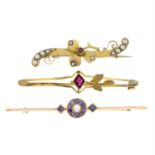 Three late Victorian to early 20th century 9ct gold gem-set bar brooches.