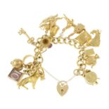 A 9ct gold charm bracelet, with heart-shape padlock clasp.