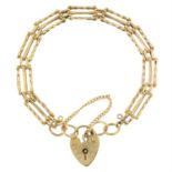 A 9ct gold gate-link bracelet, with heart-shape padlock clasp.