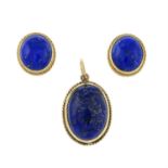 A pair of 9ct gold lapis lazuli earrings and pendant.