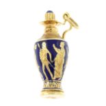 A blue enamel scent bottle pendant, modelled as an ancient style urn, with sapphire cabochon accent.